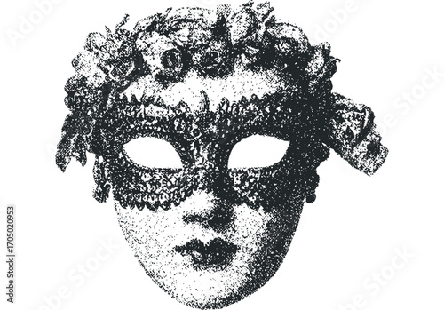 Ornate masquerade mask with floral headdress. Vector hand drawn illustration