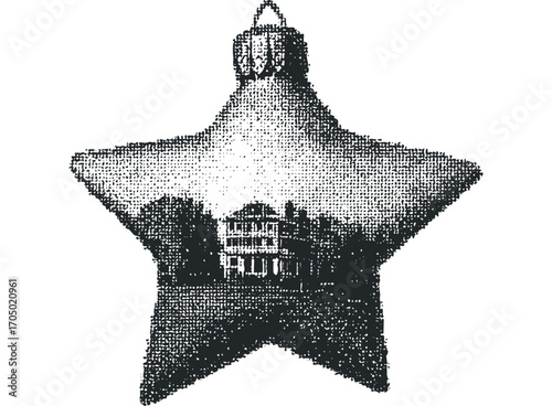 Star shaped ornament with mansion graphic. Vector hand drawn illustration