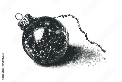 Grungy Christmas Ornament with Beaded Garland. Vector hand drawn illustration