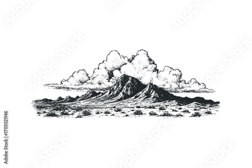 Stippled mountain range with clouds and sparse desert vegetation. Vector hand drawn illustration