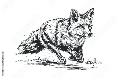 Pen and ink drawing of a fox running on grass on a transparent background. Vector hand drawn illustration