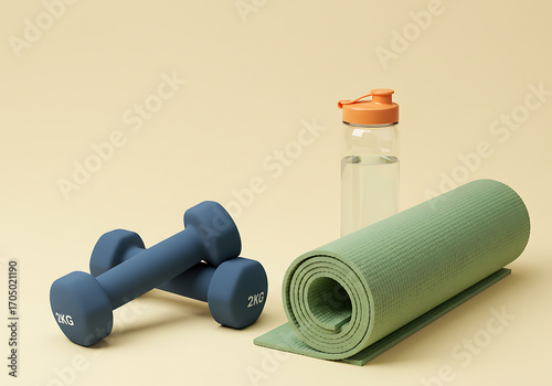 Fitness Essentials: A curated arrangement of fitness gear, including dumbbells, a yoga mat, and a water bottle, symbolizing health and wellness, ready for an invigorating workout.