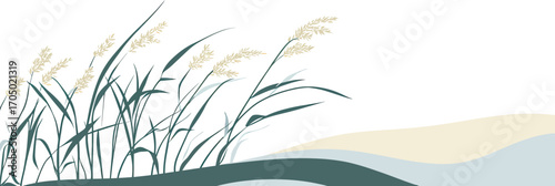 Minimalist flat vector illustration of sea oats and beach grass with stylized wave shapes and gentle sand dunes on white background for coastal environment concept design