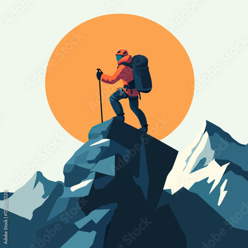 Mountaineer standing on rocky peak with trekking pole and backpack against large orange sun and snowy mountain range in flat minimalist style vector illustration