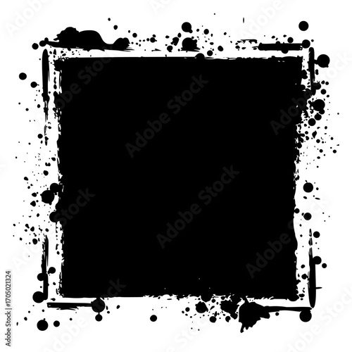Black grunge paint splatter frame with irregular border and dripping ink spots isolated on white background vector illustration for design elements usage in artistic projects and digital graphics