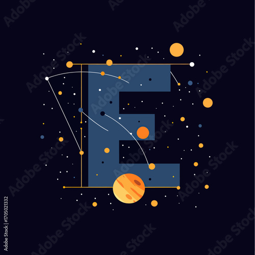 Abstract letter E space constellation with planets stars cosmic galaxy elements in flat minimalist vector style dark background design for technology and science concept