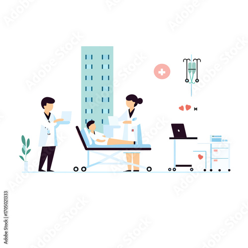Medical professionals attending pediatric patient on hospital bed with medical equipment and city building background flat vector illustration