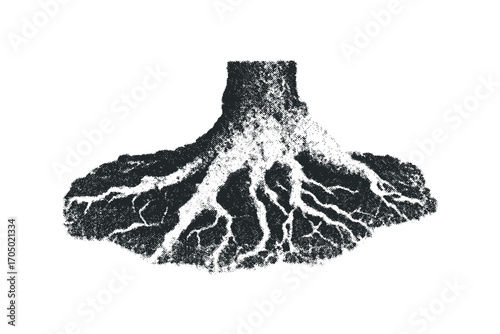 Tree trunk base with spread out roots graphic on transparent background. Vector hand drawn illustration