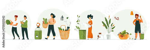 Diverse people practicing zero waste lifestyle using cotton crochet bags, sorting organic waste, recycling bottles, and eco-friendly home gardening in flat minimalist style