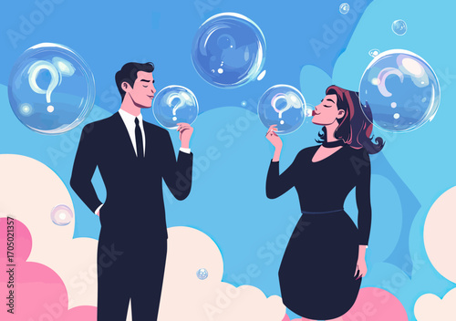 Business man and woman blowing transparent bubbles with question marks and ideas floating representing question and answer discussion concept in minimalist style