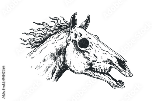 Sketchy Horse Skull with Flowing Mane. Vector hand drawn illustration