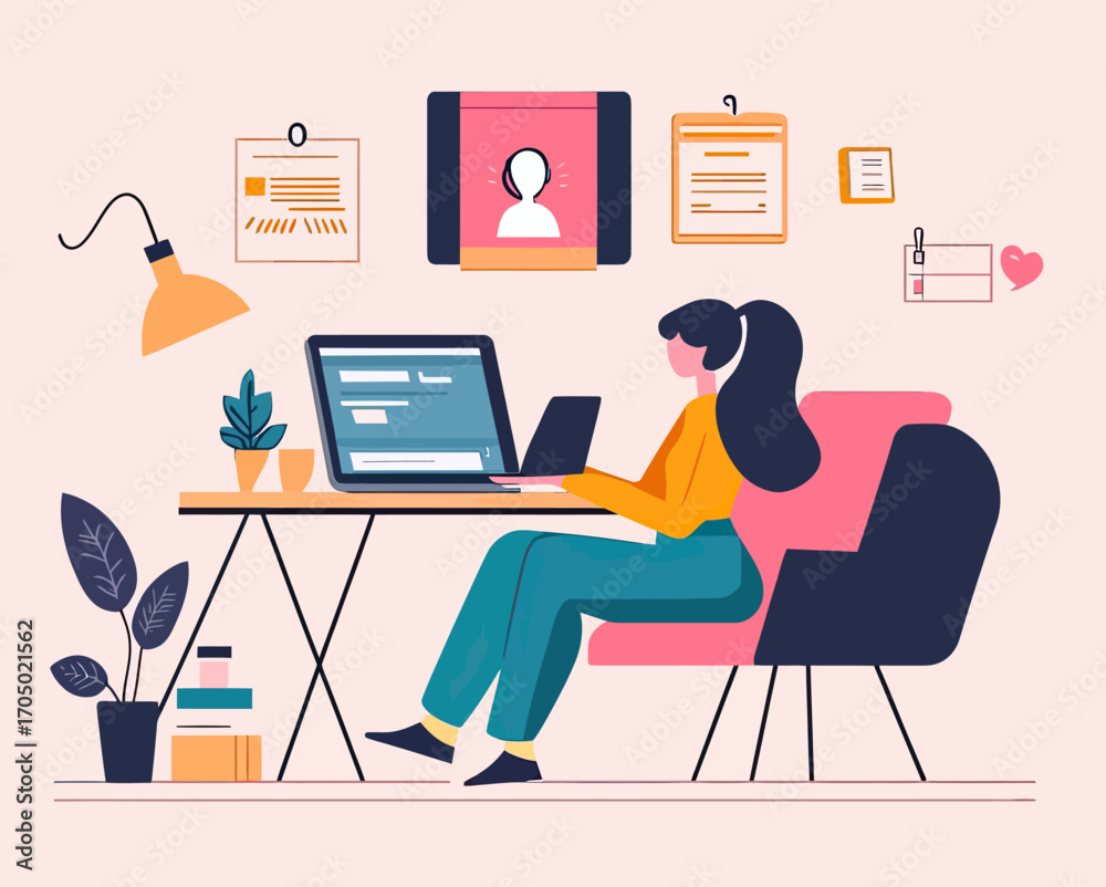 Fototapeta premium Remote work home office woman sitting at desk with laptop video conference online communication flat vector illustration