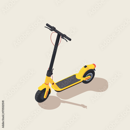 Isometric yellow electric scooter illustration with black handlebar and textured footboard on neutral background