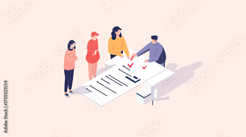 Isometric illustration of diverse people marking giant checklist survey form with check marks, feedback and evaluation concept in flat minimalist style