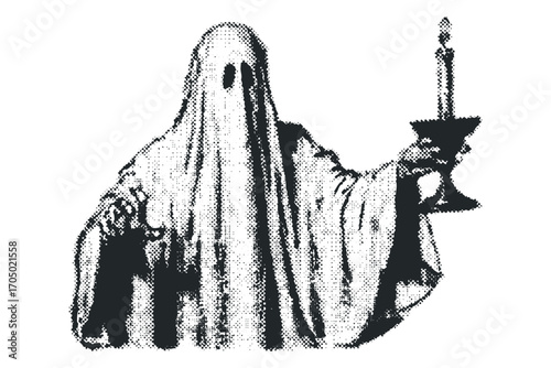 Halftone ghost with candle. Vector hand drawn illustration