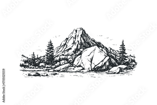 Hand Drawn Rocky Mountain Peak with Pine Trees and River. Vector hand drawn illustration
