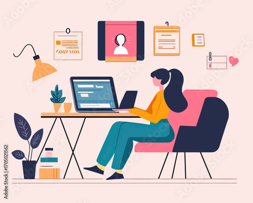 Remote work home office woman sitting at desk with laptop video conference online communication flat vector illustration