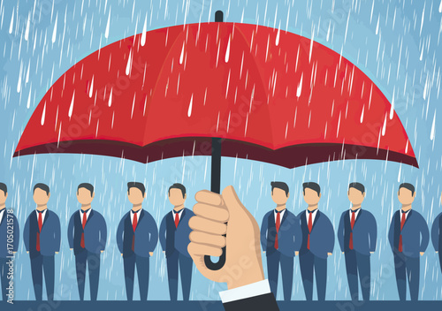 Business leader hand holding large red umbrella protecting team of employees in suits from heavy rainstorm concept of employee care and workplace protection vector illustration