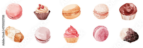 Set of colorful watercolor macarons cupcakes and pastries isolated on white background collection of sweet desserts for game or design elements flat minimalist style