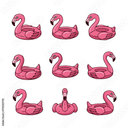Collection of Pink Flamingo Pool Floats with Black Outlines and Details