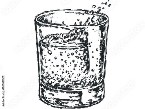 Sketch of bubbly liquid splashing from a clear glass. Vector hand drawn illustration