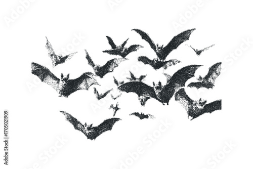 Flock of Bats Flying on Transparent Background. Vector hand drawn illustration