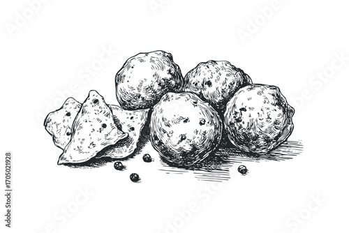 Vintage sketch of fritters and potato chips on transparent. Vector hand drawn illustration