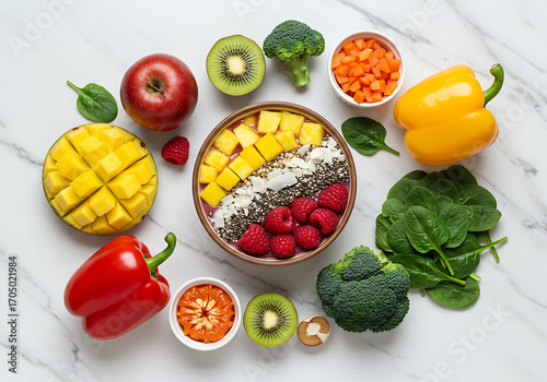 Vibrant Culinary Canvas: An appetizing arrangement of fresh, colorful fruits, vegetables, and a hearty grain bowl, harmonizing in a photorealistic feast for the eyes.