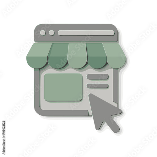 Minimalistic online storefront icon with shopping elements in paper cut style