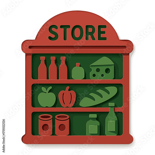 Retro style grocery store icon with food and beverage items on shelves