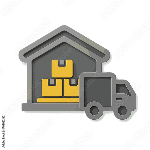 Warehouse and delivery truck icon with packages in modern 3d style