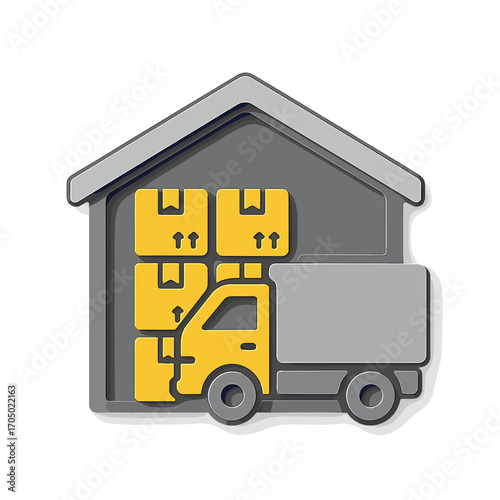 Warehouse and delivery truck with cardboard boxes icon in minimalist style