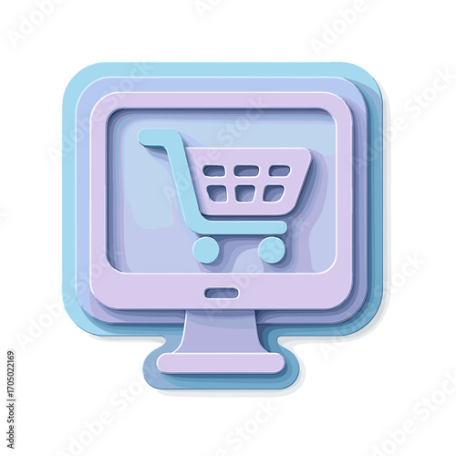 3d pastel icon of shopping cart on computer screen for e-commerce design