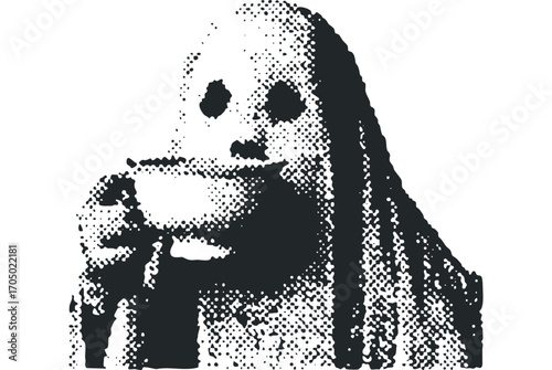 Figure shrouded in fabric holding a cup. Vector hand drawn illustration