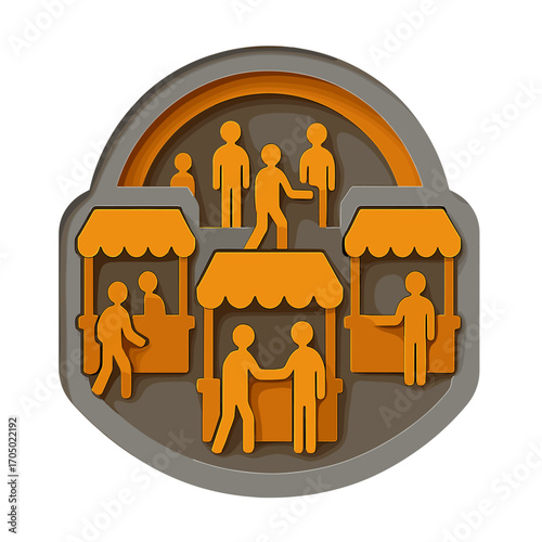 Market scene with simplistic figures and stalls in 3d relief style