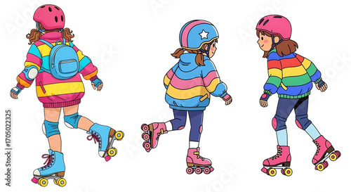 Set of a girl in colorful retro clothes roller skating in different poses
