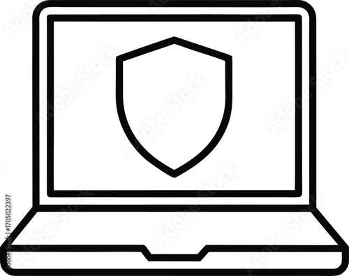 laptop with shield outline cyber security icon.