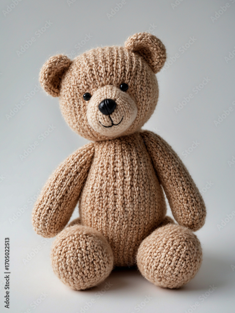 Obraz premium Handmade Knitted Teddy Bear Plush Toy Isolated on Light Background, Cute Soft Stuffed Animal for Children, Craft Gift and Nursery Decor