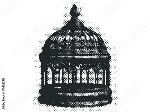 Vintage ornate birdcage, graphic silhouette, on transparent background. Vector hand drawn illustration