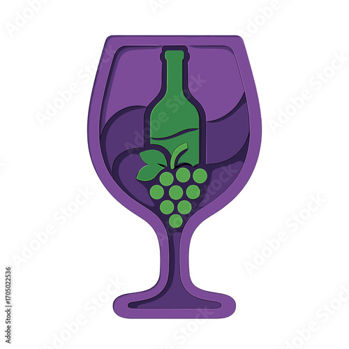 Layered wine glass design with grapes and bottle in vibrant colors