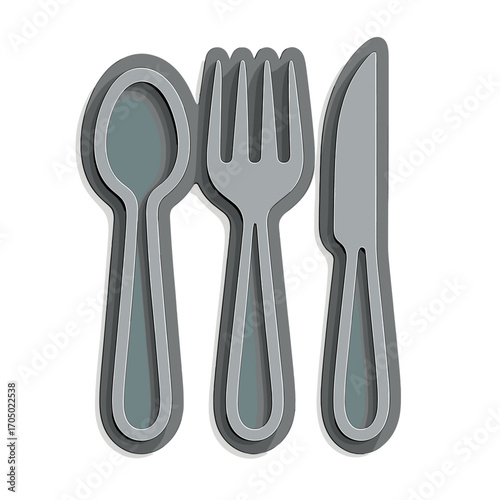 Modern gray cutlery set with spoon, fork, and knife in 3d design