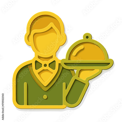 Modern paper cut style waiter icon holding cloche with bow tie in yellow and green