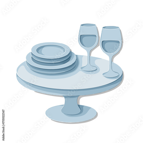 Elegant dining table with plates and wine glasses in soft 3d design