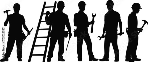 Silhouettes of construction workers holding tools, ladder, hammer, wrench, safety helmets, teamwork, labor, building site, repair, maintenance, industrial work