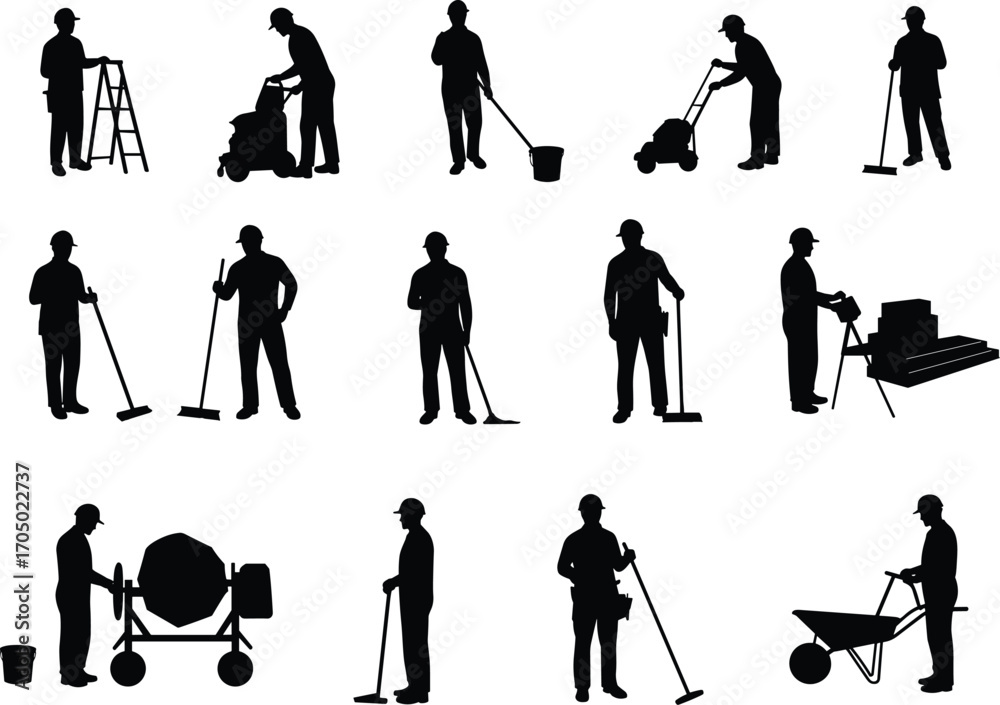 Fototapeta premium Silhouettes of construction workers performing tasks, cleaning, lifting, operating machinery, using tools, working safely on industrial job site