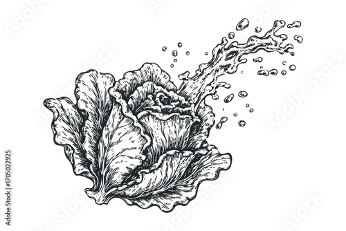 Lettuce head with water splash detail. Vector hand drawn illustration
