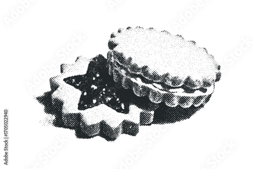 Halftone dot art illustration of two jam filled cookies. Vector hand drawn illustration