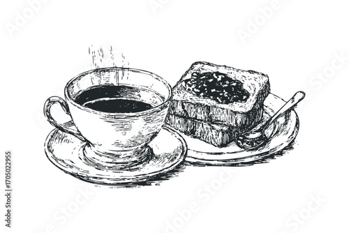 Steaming cup of coffee with jam toast and spoon on saucer,. Vector hand drawn illustration