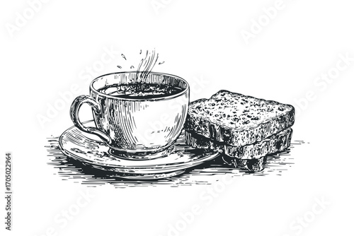 Steaming Cup of Coffee Beside Stacked Toast Slices Image. Vector hand drawn illustration