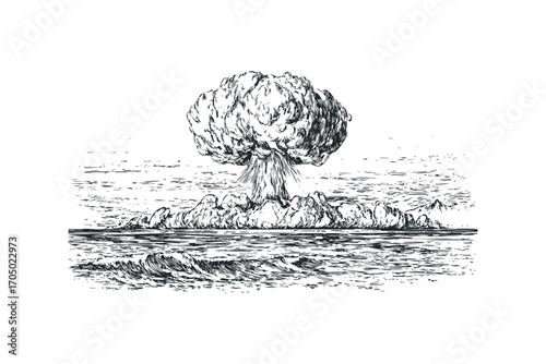 Explosion cloud over ocean waves and distant island landscape, ink sketch. Vector hand drawn illustration